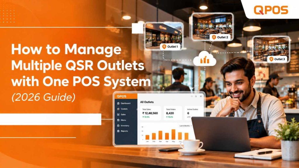 Restaurant manager reviewing multi-location restaurant management software and outlet sales reports